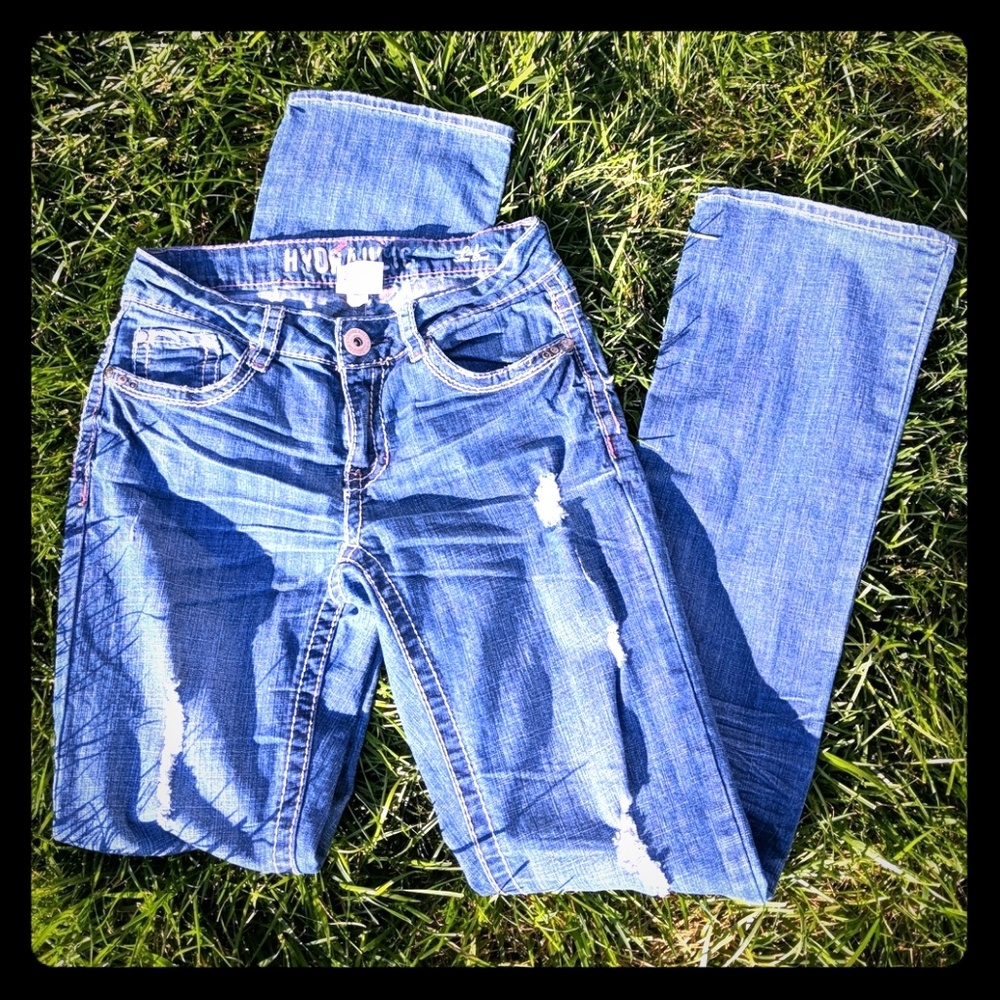 Hydraulic straight leg distressed soft denim jean